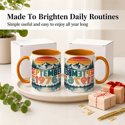 #pl[11oz|Orange] September 1976 Retro Ceramic Mug, Mountain Forest Lake Design