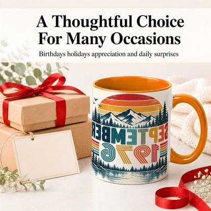 #pl[11oz|Orange] September 1976 Retro Ceramic Mug, Mountain Forest Lake Design