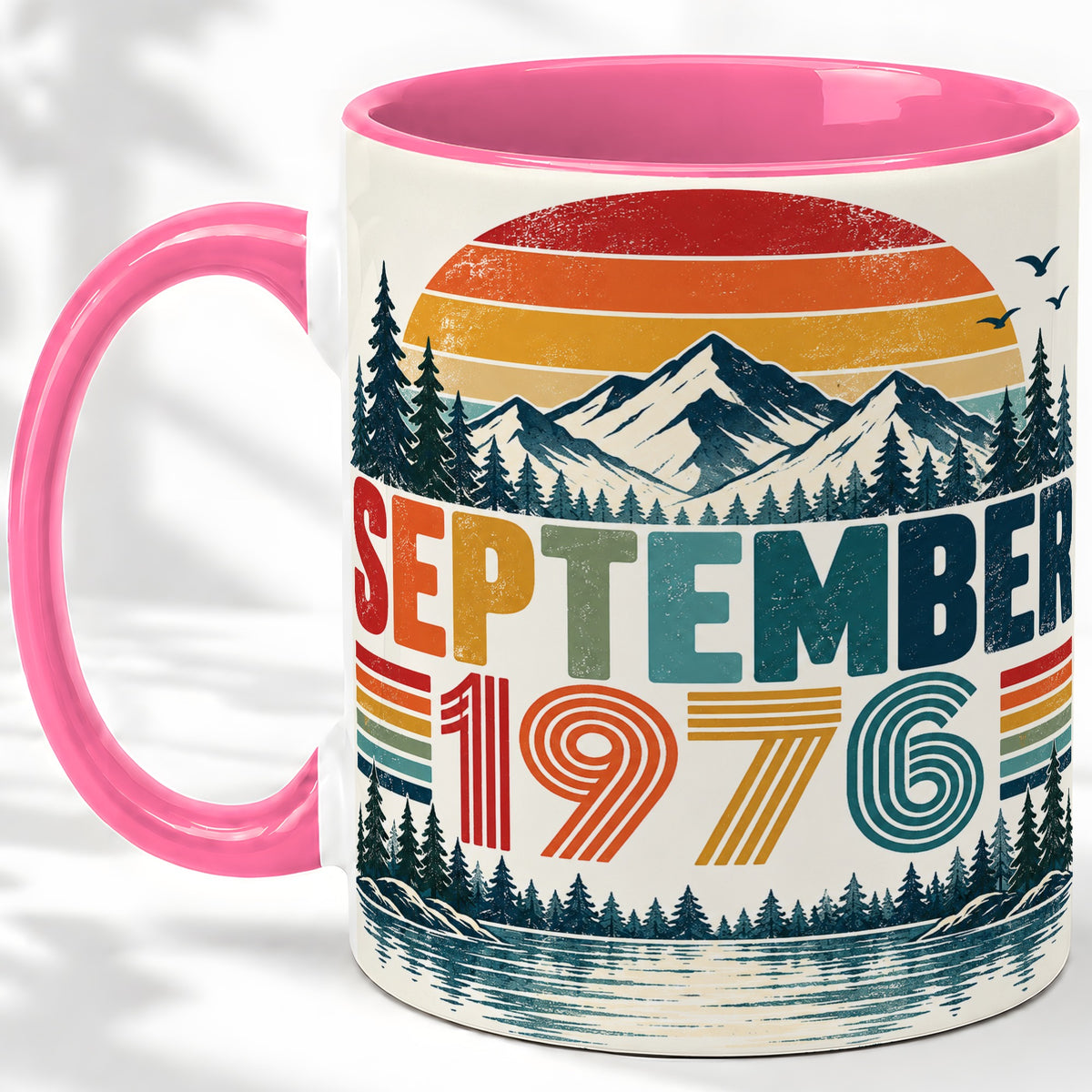 #pl[11oz|Pink] September 1976 Retro Ceramic Mug, Mountain Forest Lake Design