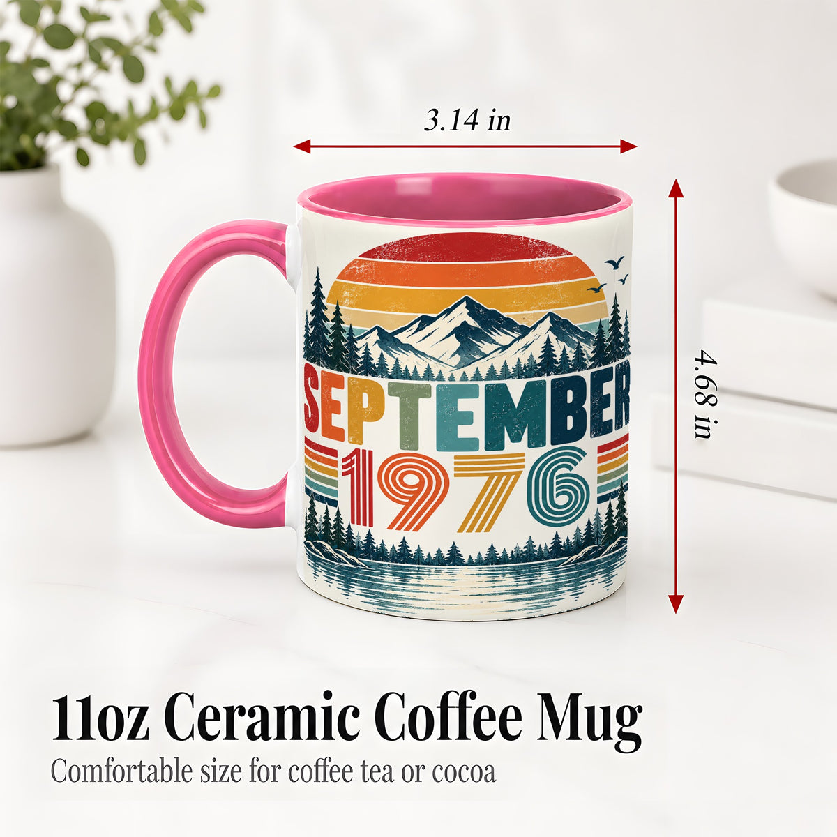 #pl[11oz|Pink] September 1976 Retro Ceramic Mug, Mountain Forest Lake Design