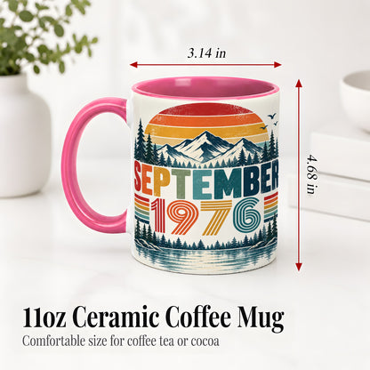 #pl[11oz|Pink] September 1976 Retro Ceramic Mug, Mountain Forest Lake Design