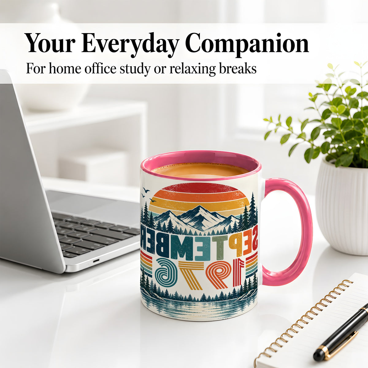 #pl[11oz|Pink] September 1976 Retro Ceramic Mug, Mountain Forest Lake Design