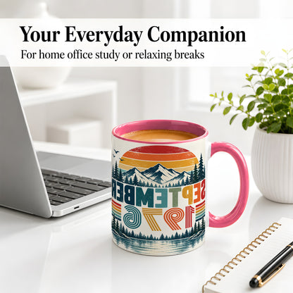 #pl[11oz|Pink] September 1976 Retro Ceramic Mug, Mountain Forest Lake Design