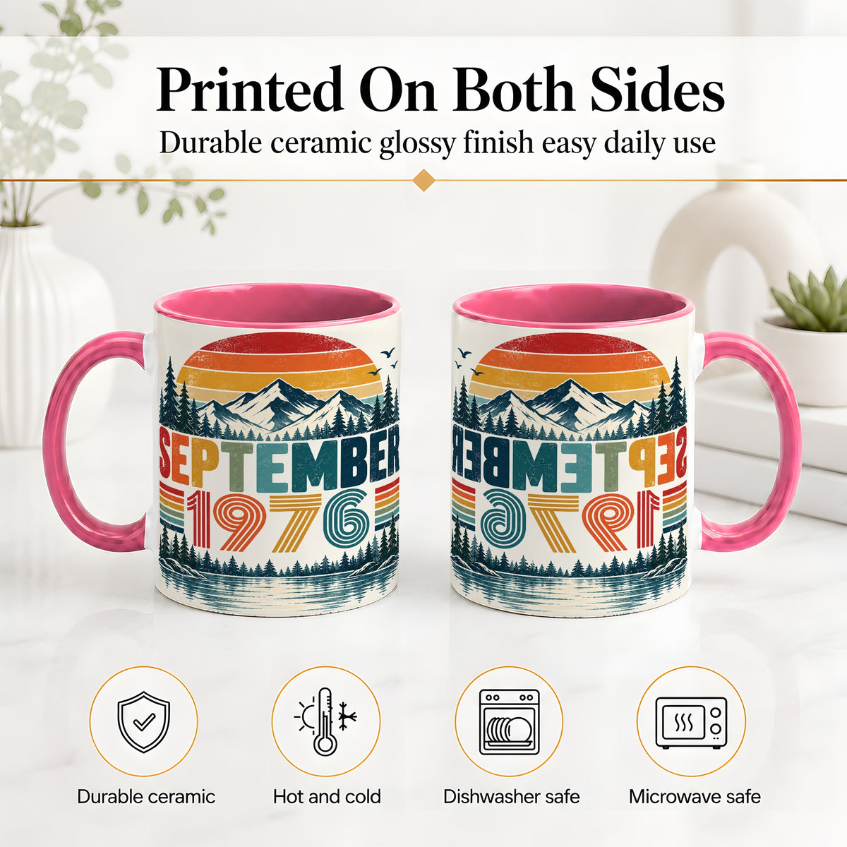 #pl[11oz|Pink] September 1976 Retro Ceramic Mug, Mountain Forest Lake Design