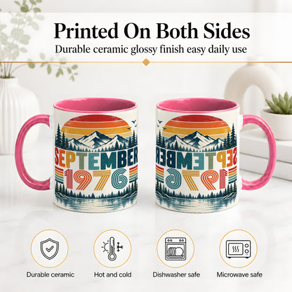 #pl[11oz|Pink] September 1976 Retro Ceramic Mug, Mountain Forest Lake Design