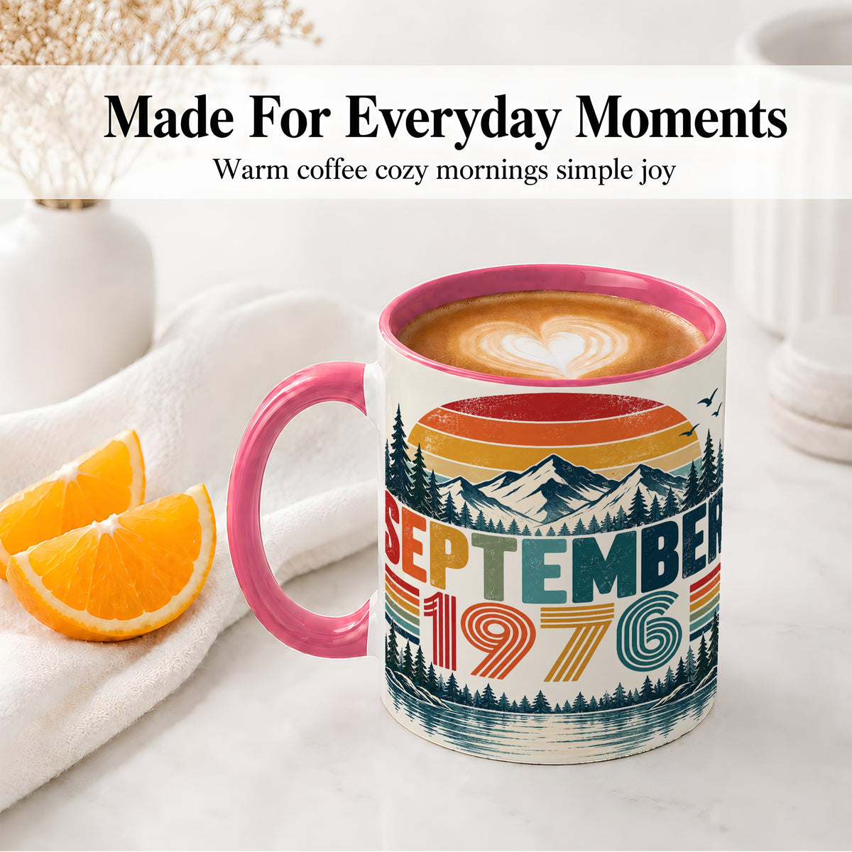 #pl[11oz|Pink] September 1976 Retro Ceramic Mug, Mountain Forest Lake Design
