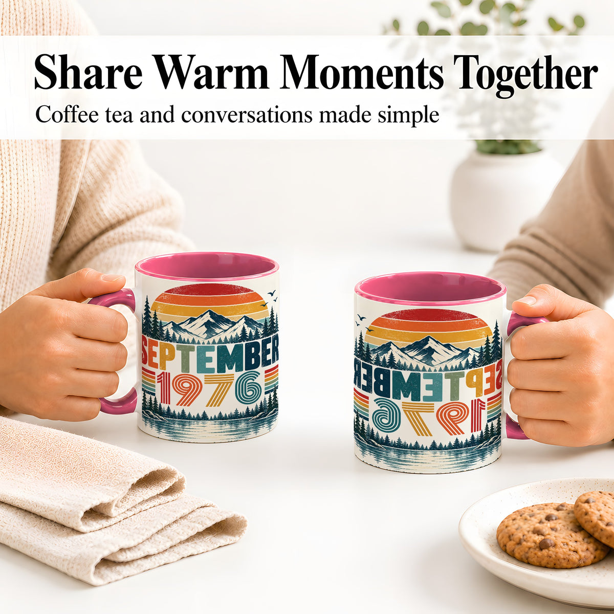 #pl[11oz|Pink] September 1976 Retro Ceramic Mug, Mountain Forest Lake Design
