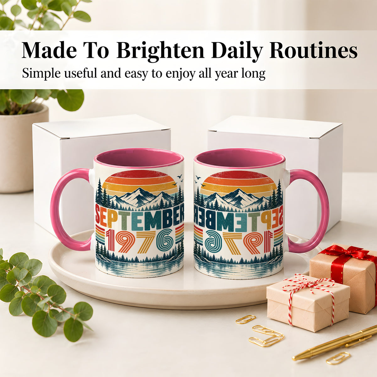 #pl[11oz|Pink] September 1976 Retro Ceramic Mug, Mountain Forest Lake Design