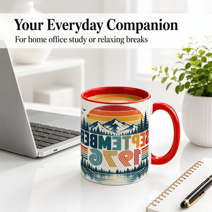 #pl[11oz|Red] September 1976 Retro Ceramic Mug, Mountain Forest Lake Design