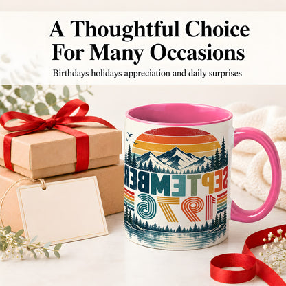 #pl[11oz|Pink] September 1976 Retro Ceramic Mug, Mountain Forest Lake Design