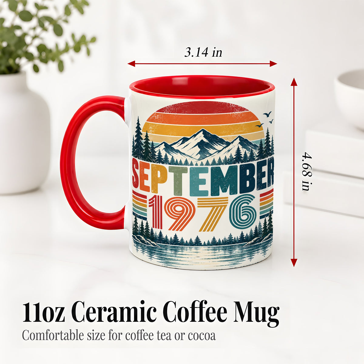 #pl[11oz|Red] September 1976 Retro Ceramic Mug, Mountain Forest Lake Design