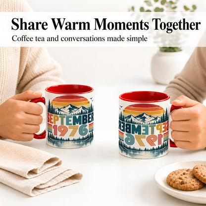 #pl[11oz|Red] September 1976 Retro Ceramic Mug, Mountain Forest Lake Design