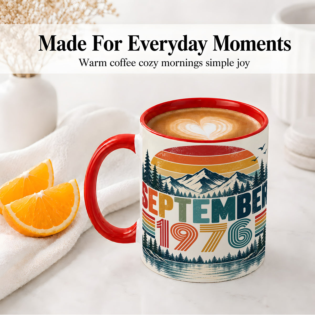 #pl[11oz|Red] September 1976 Retro Ceramic Mug, Mountain Forest Lake Design