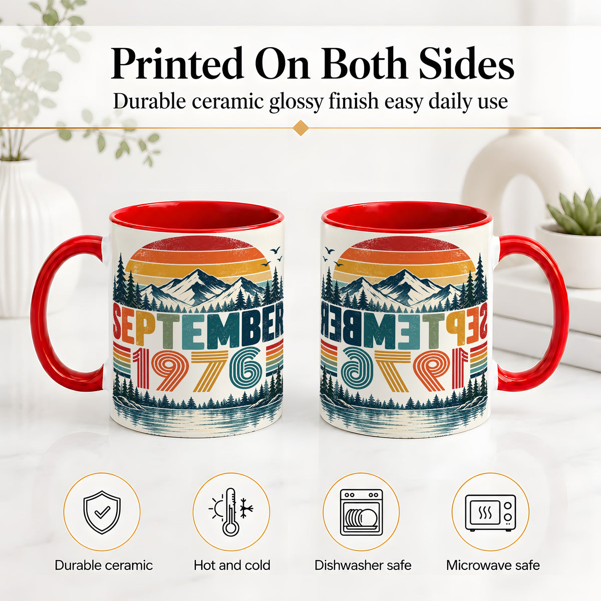 #pl[11oz|Red] September 1976 Retro Ceramic Mug, Mountain Forest Lake Design
