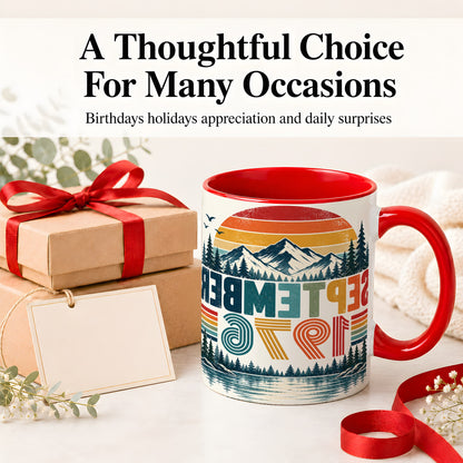 #pl[11oz|Red] September 1976 Retro Ceramic Mug, Mountain Forest Lake Design