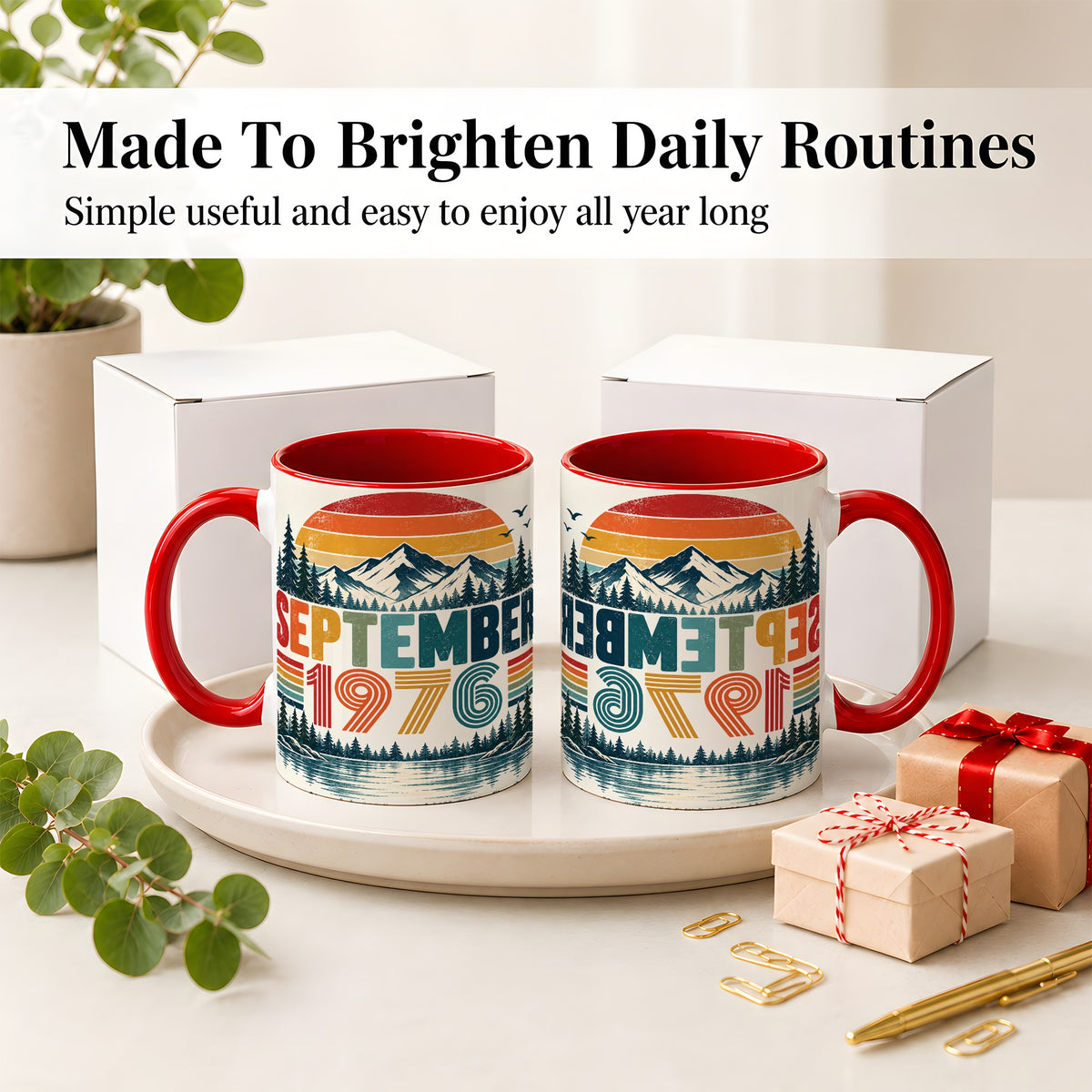 #pl[11oz|Red] September 1976 Retro Ceramic Mug, Mountain Forest Lake Design