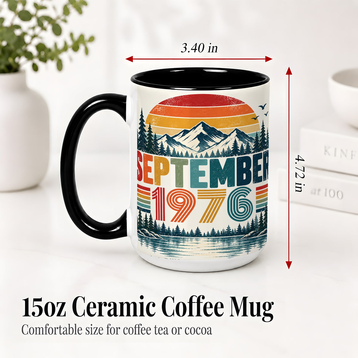 #pl[15oz|Black] September 1976 Retro Ceramic Mug, Mountain Forest Lake Design