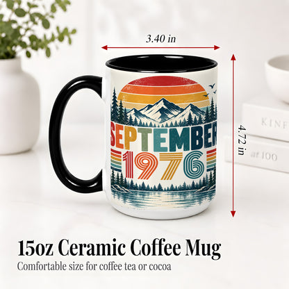#pl[15oz|Black] September 1976 Retro Ceramic Mug, Mountain Forest Lake Design