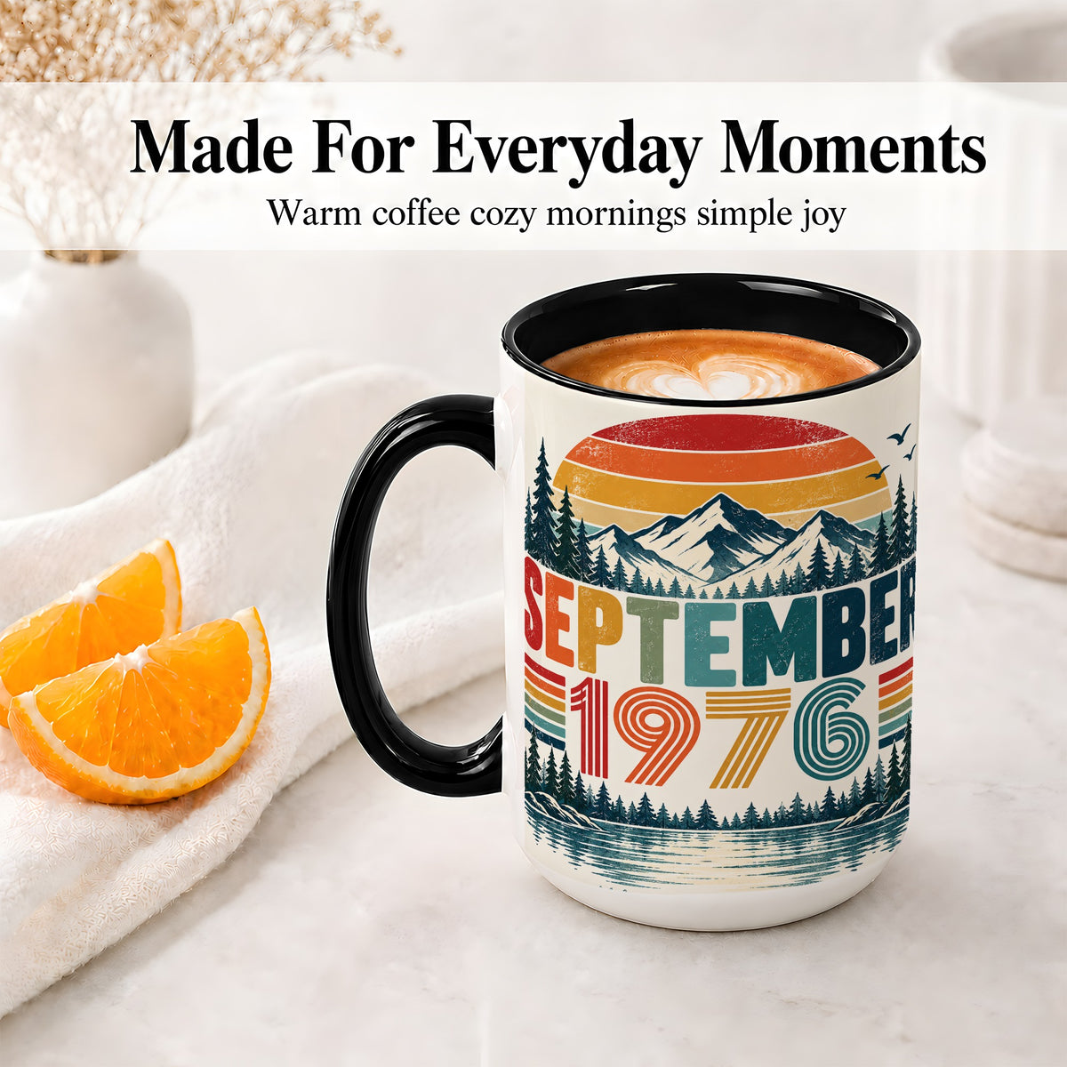 #pl[15oz|Black] September 1976 Retro Ceramic Mug, Mountain Forest Lake Design