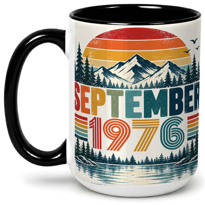 #pl[15oz|Black] September 1976 Retro Ceramic Mug, Mountain Forest Lake Design