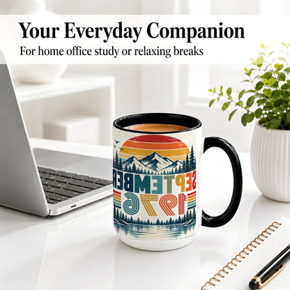 #pl[15oz|Black] September 1976 Retro Ceramic Mug, Mountain Forest Lake Design