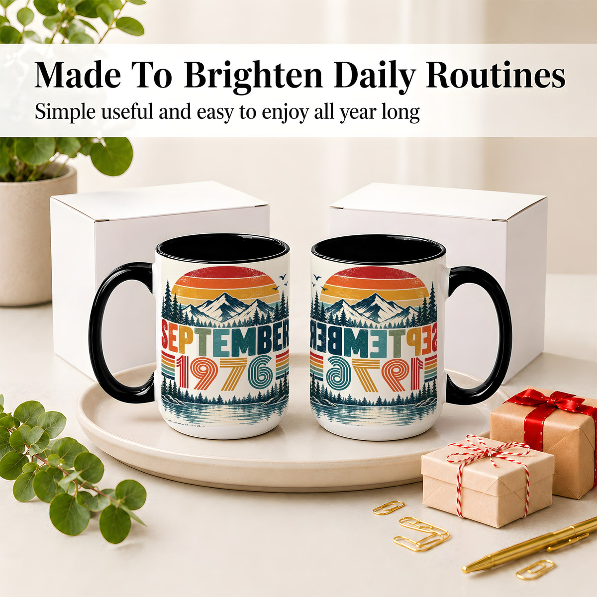 #pl[15oz|Black] September 1976 Retro Ceramic Mug, Mountain Forest Lake Design