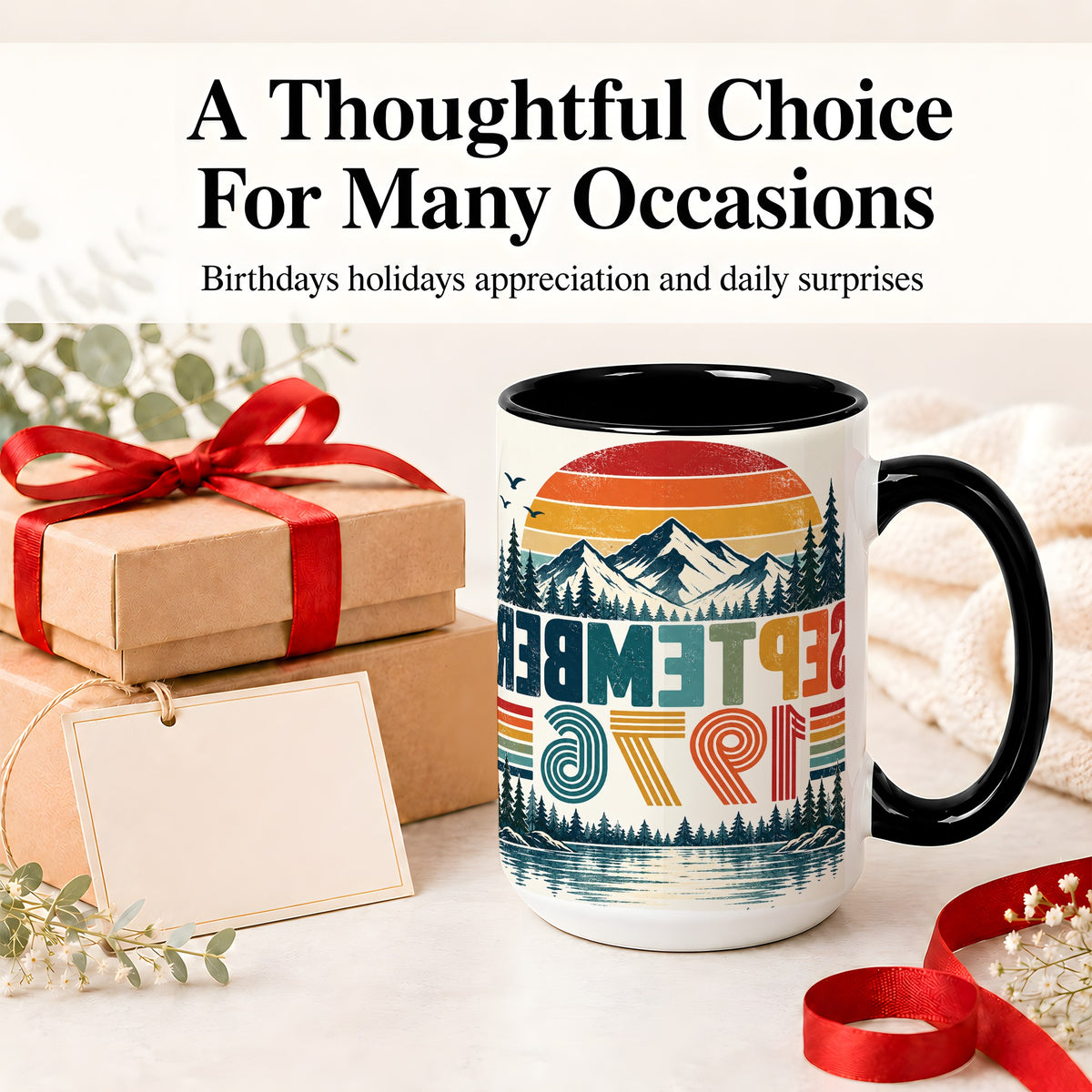 #pl[15oz|Black] September 1976 Retro Ceramic Mug, Mountain Forest Lake Design