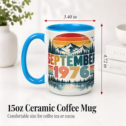 #pl[15oz|Blue] September 1976 Retro Ceramic Mug, Mountain Forest Lake Design