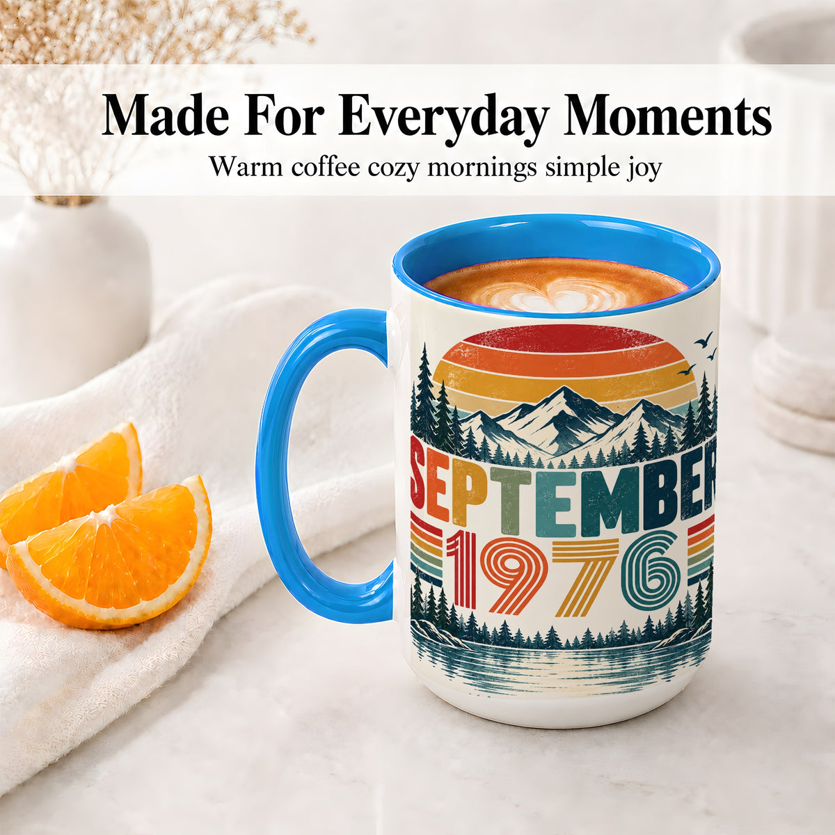 #pl[15oz|Blue] September 1976 Retro Ceramic Mug, Mountain Forest Lake Design