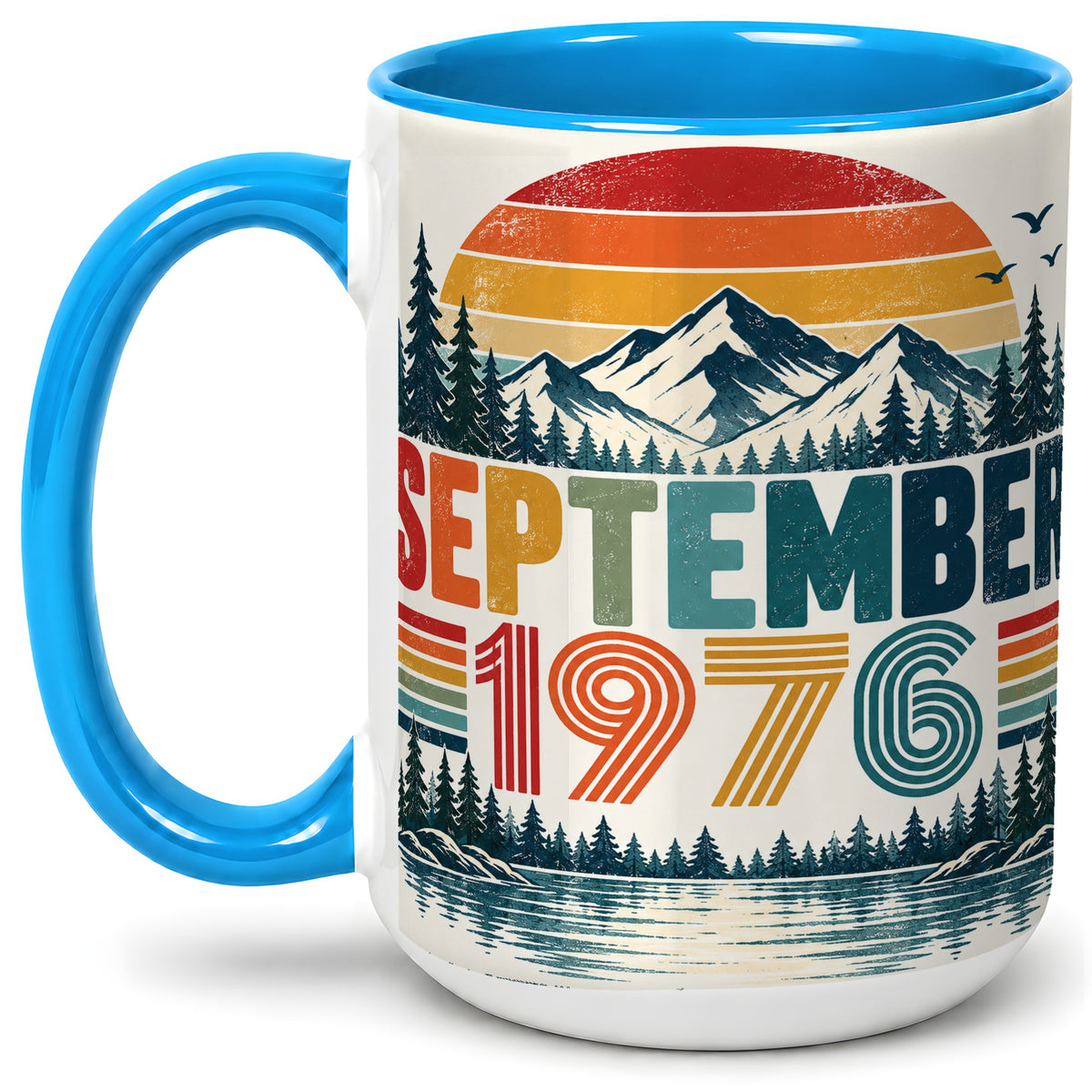 #pl[15oz|Blue] September 1976 Retro Ceramic Mug, Mountain Forest Lake Design