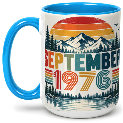 #pl[15oz|Blue] September 1976 Retro Ceramic Mug, Mountain Forest Lake Design