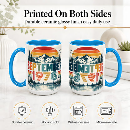 #pl[15oz|Blue] September 1976 Retro Ceramic Mug, Mountain Forest Lake Design