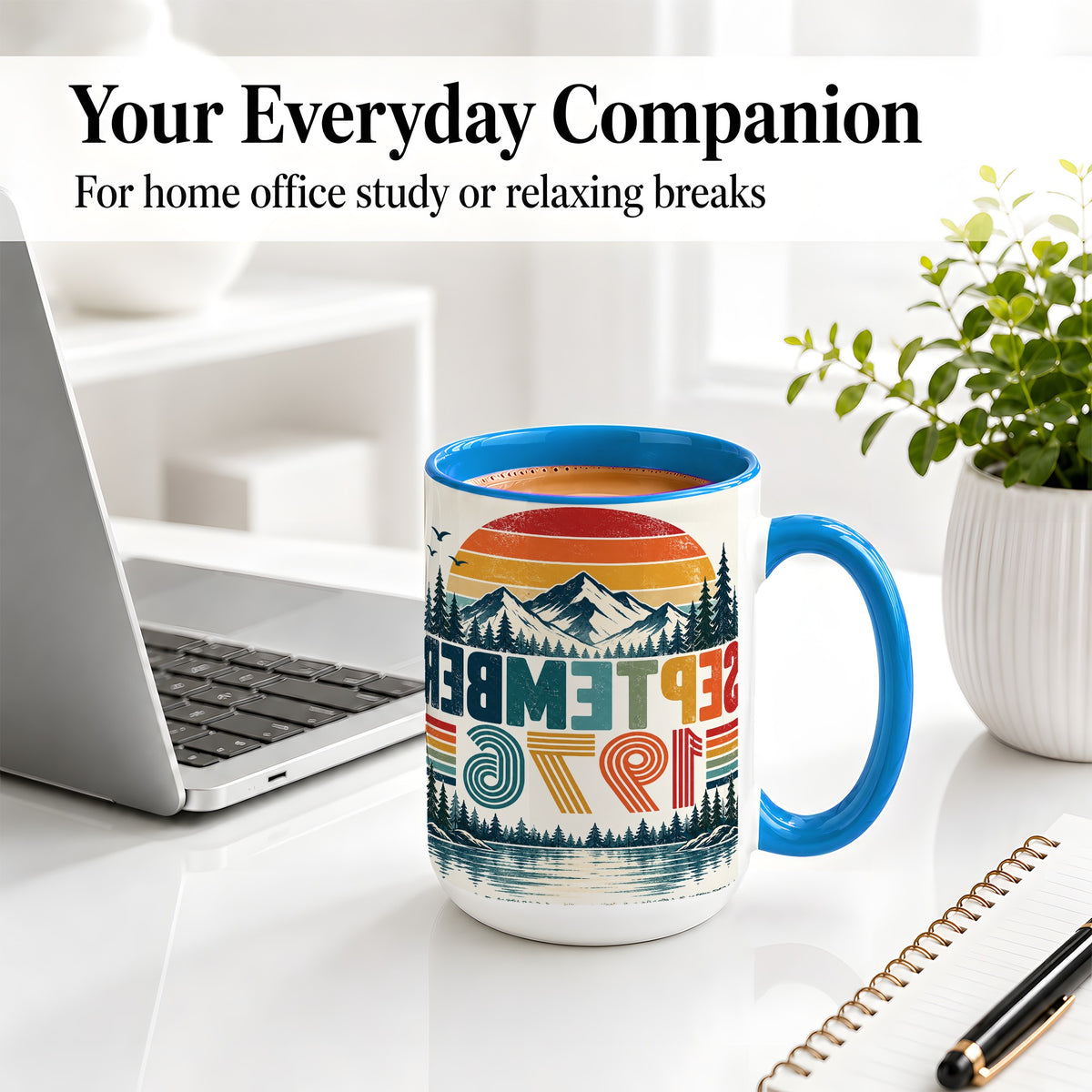 #pl[15oz|Blue] September 1976 Retro Ceramic Mug, Mountain Forest Lake Design
