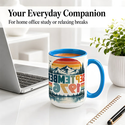 #pl[15oz|Blue] September 1976 Retro Ceramic Mug, Mountain Forest Lake Design