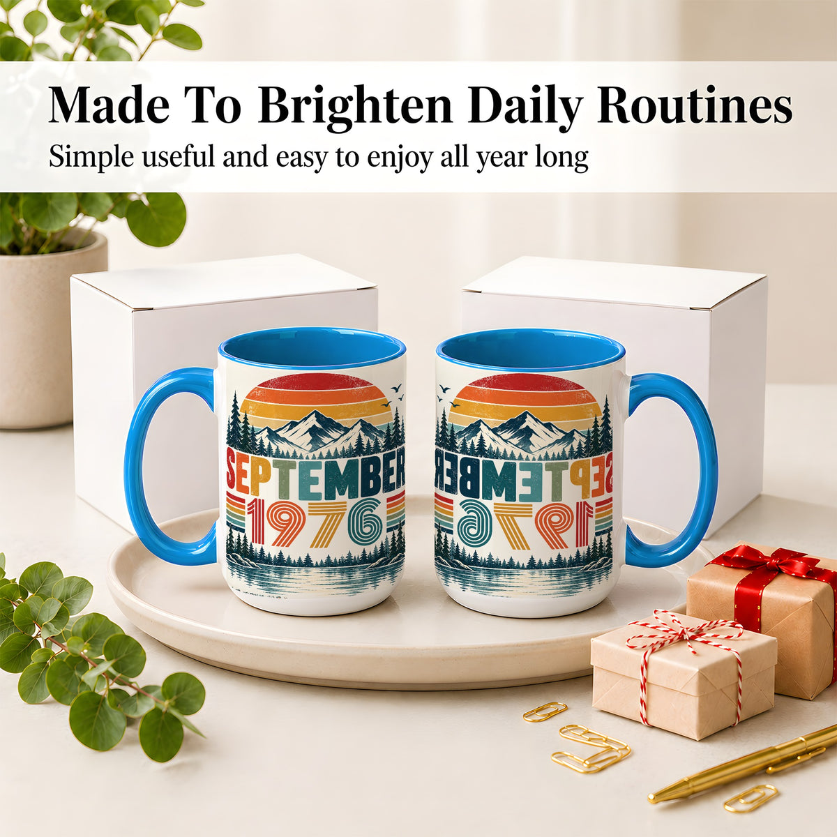 #pl[15oz|Blue] September 1976 Retro Ceramic Mug, Mountain Forest Lake Design