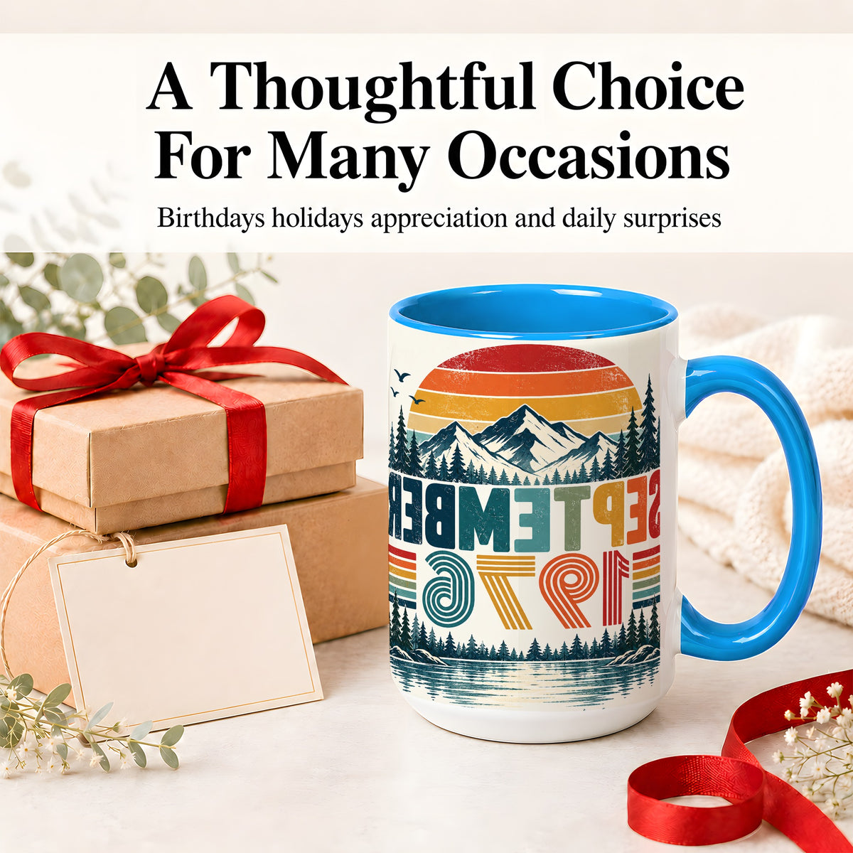 #pl[15oz|Blue] September 1976 Retro Ceramic Mug, Mountain Forest Lake Design