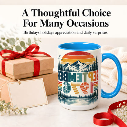 #pl[15oz|Blue] September 1976 Retro Ceramic Mug, Mountain Forest Lake Design