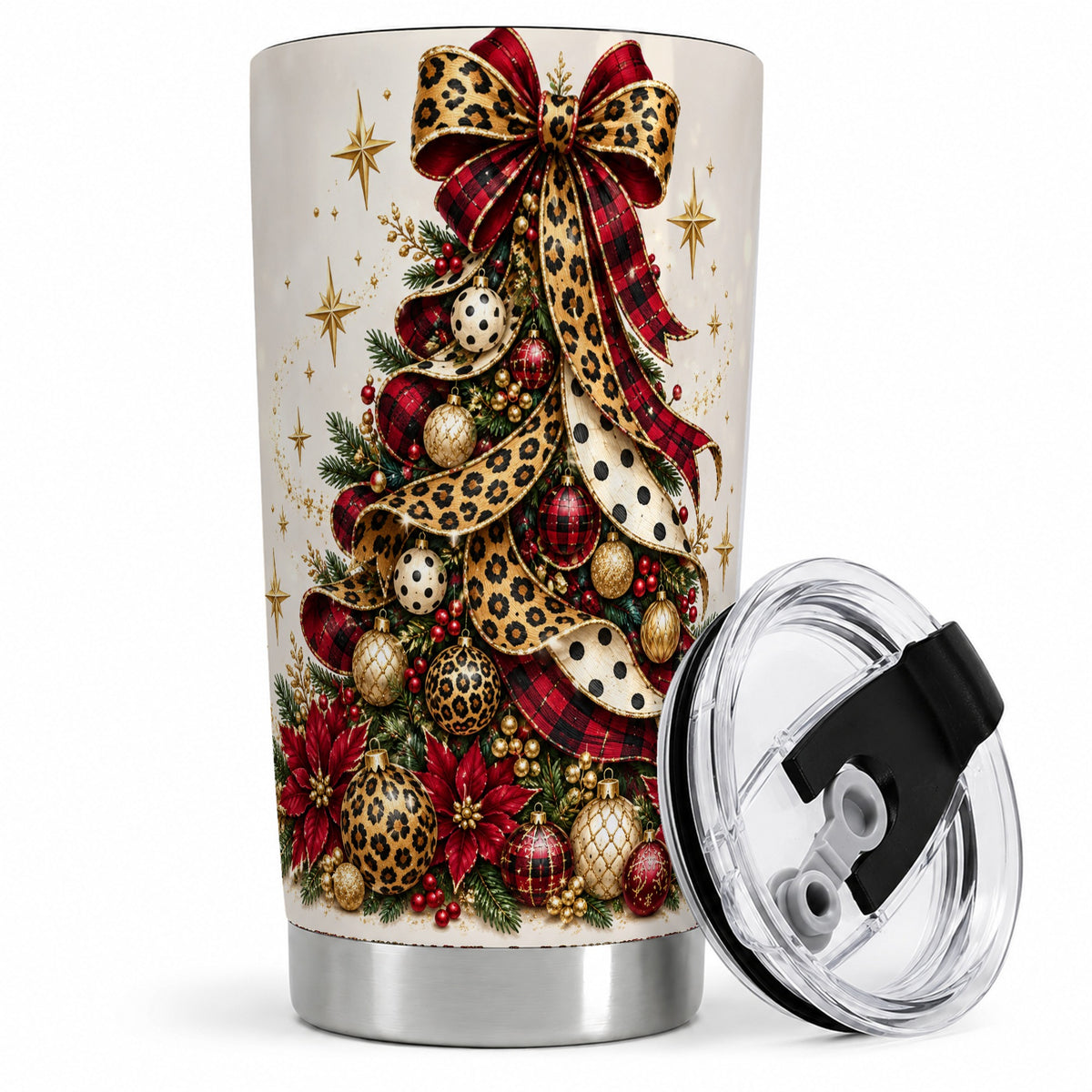 Leopard Christmas Tree Drinkware, 20oz Tumbler with Plaid Ribbon Art