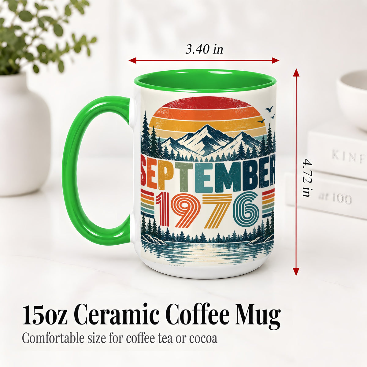 #pl[15oz|Green] September 1976 Retro Ceramic Mug, Mountain Forest Lake Design