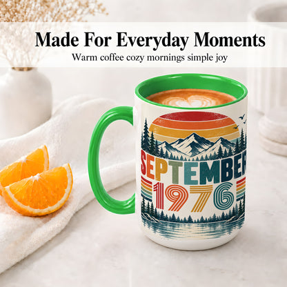 #pl[15oz|Green] September 1976 Retro Ceramic Mug, Mountain Forest Lake Design