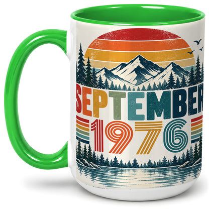 #pl[15oz|Green] September 1976 Retro Ceramic Mug, Mountain Forest Lake Design