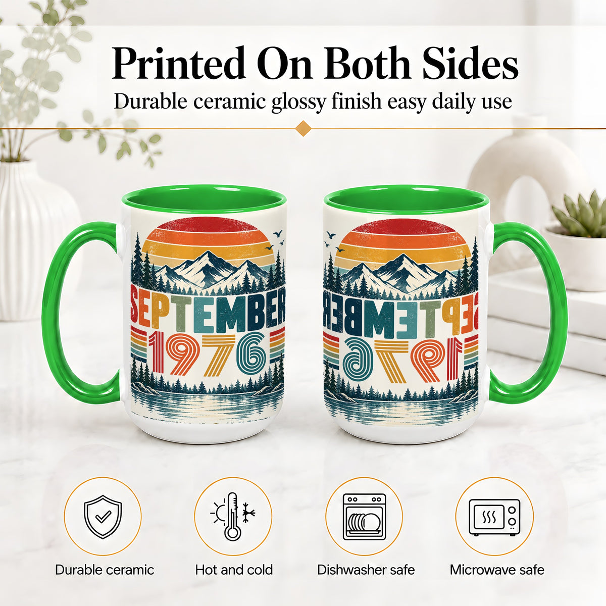 #pl[15oz|Green] September 1976 Retro Ceramic Mug, Mountain Forest Lake Design