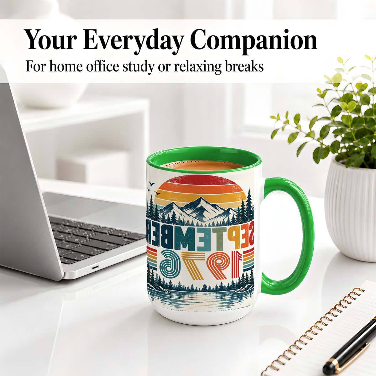 #pl[15oz|Green] September 1976 Retro Ceramic Mug, Mountain Forest Lake Design