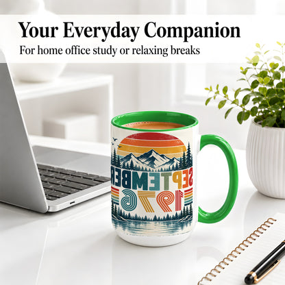 #pl[15oz|Green] September 1976 Retro Ceramic Mug, Mountain Forest Lake Design