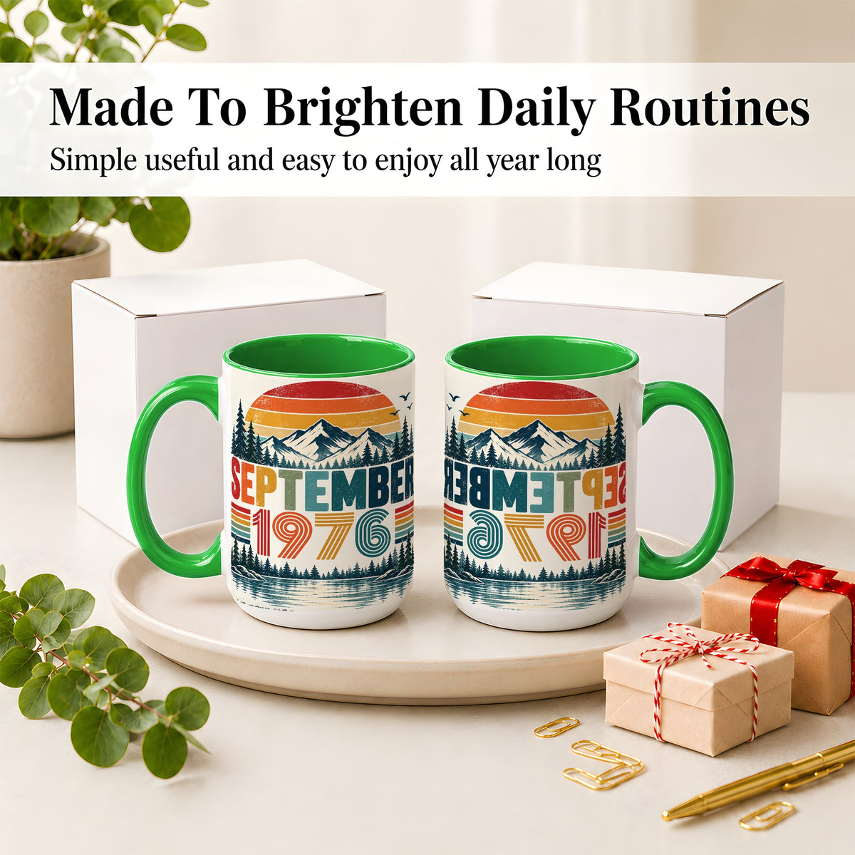 #pl[15oz|Green] September 1976 Retro Ceramic Mug, Mountain Forest Lake Design