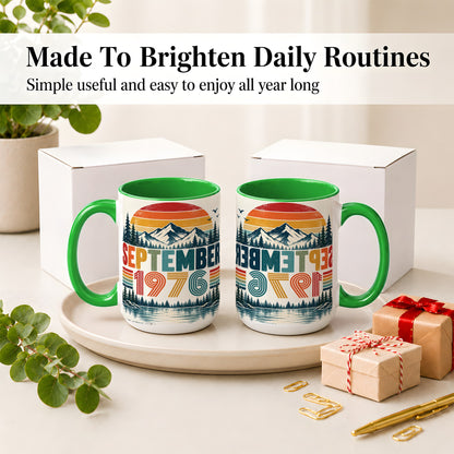 #pl[15oz|Green] September 1976 Retro Ceramic Mug, Mountain Forest Lake Design