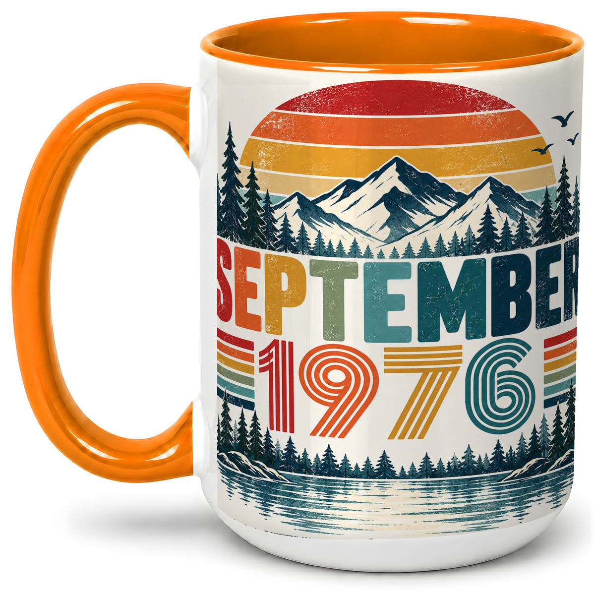 #pl[15oz|Orange] September 1976 Retro Ceramic Mug, Mountain Forest Lake Design