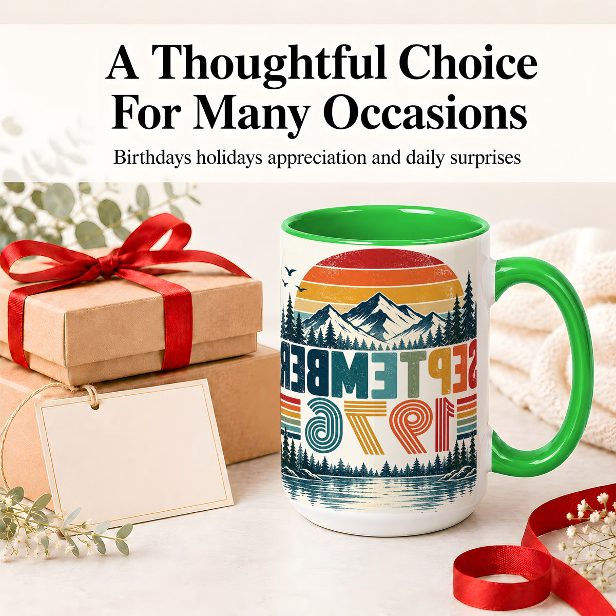#pl[15oz|Green] September 1976 Retro Ceramic Mug, Mountain Forest Lake Design