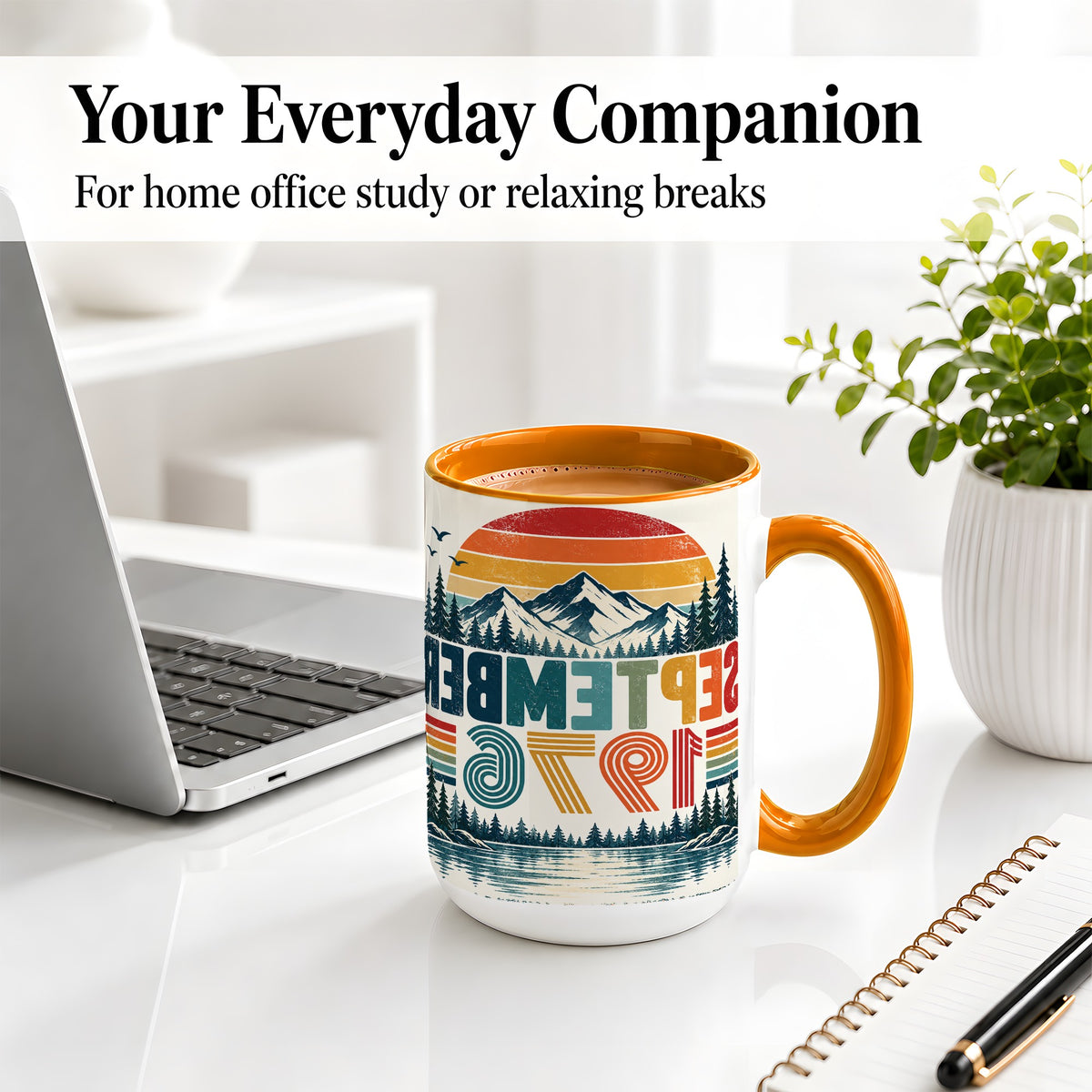 #pl[15oz|Orange] September 1976 Retro Ceramic Mug, Mountain Forest Lake Design