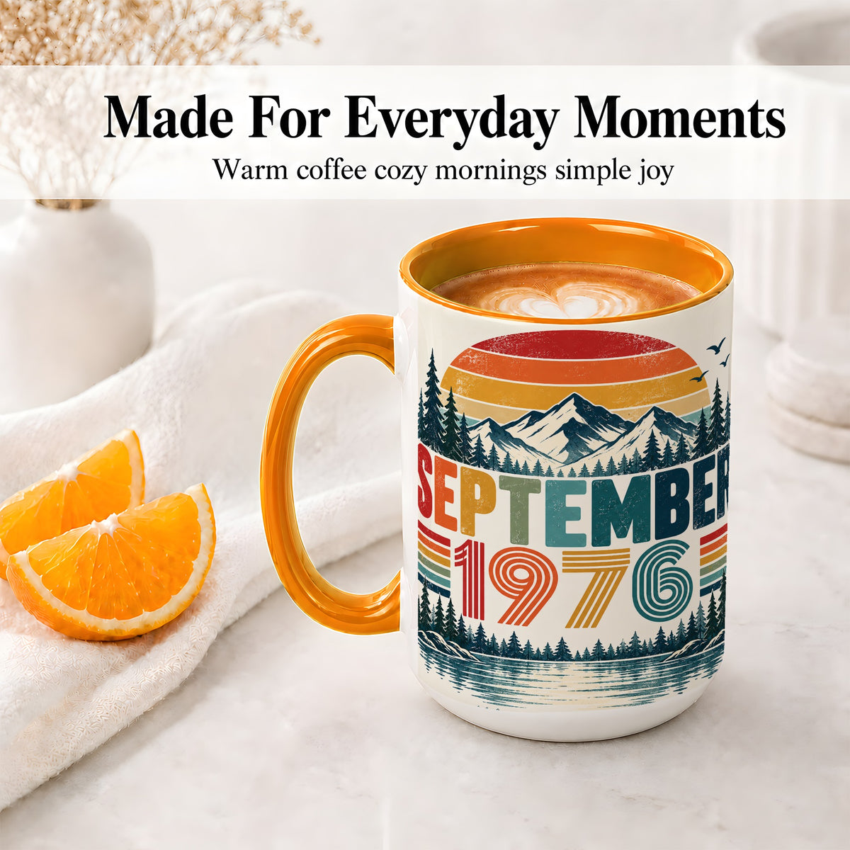 #pl[15oz|Orange] September 1976 Retro Ceramic Mug, Mountain Forest Lake Design